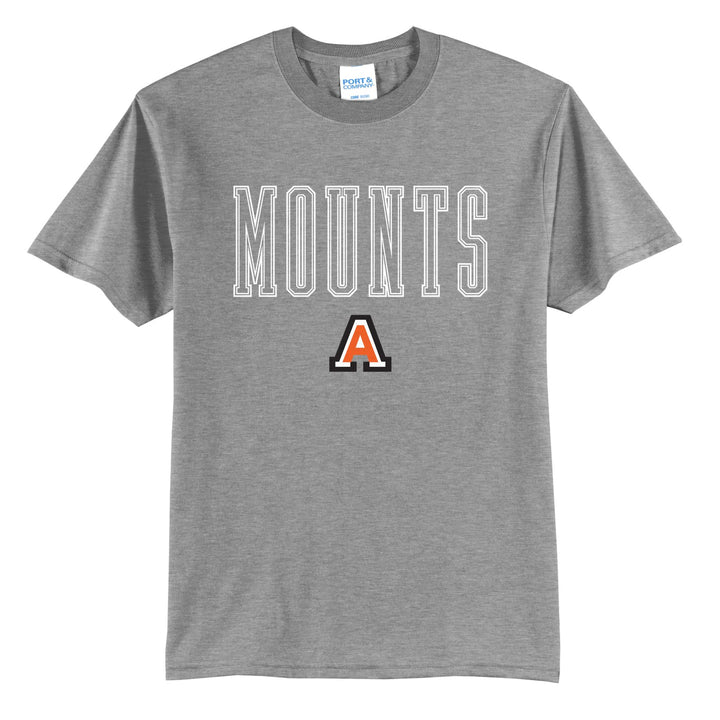 Antietam Mountaineers Outline Mounts t-shirt in Athletic Heather: outlined MOUNTS lettering over the Antietam A
