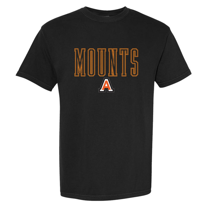 Antietam Mountaineers Outline Mounts comfort colors t-shirt in Black: outlined MOUNTS lettering over the Antietam A