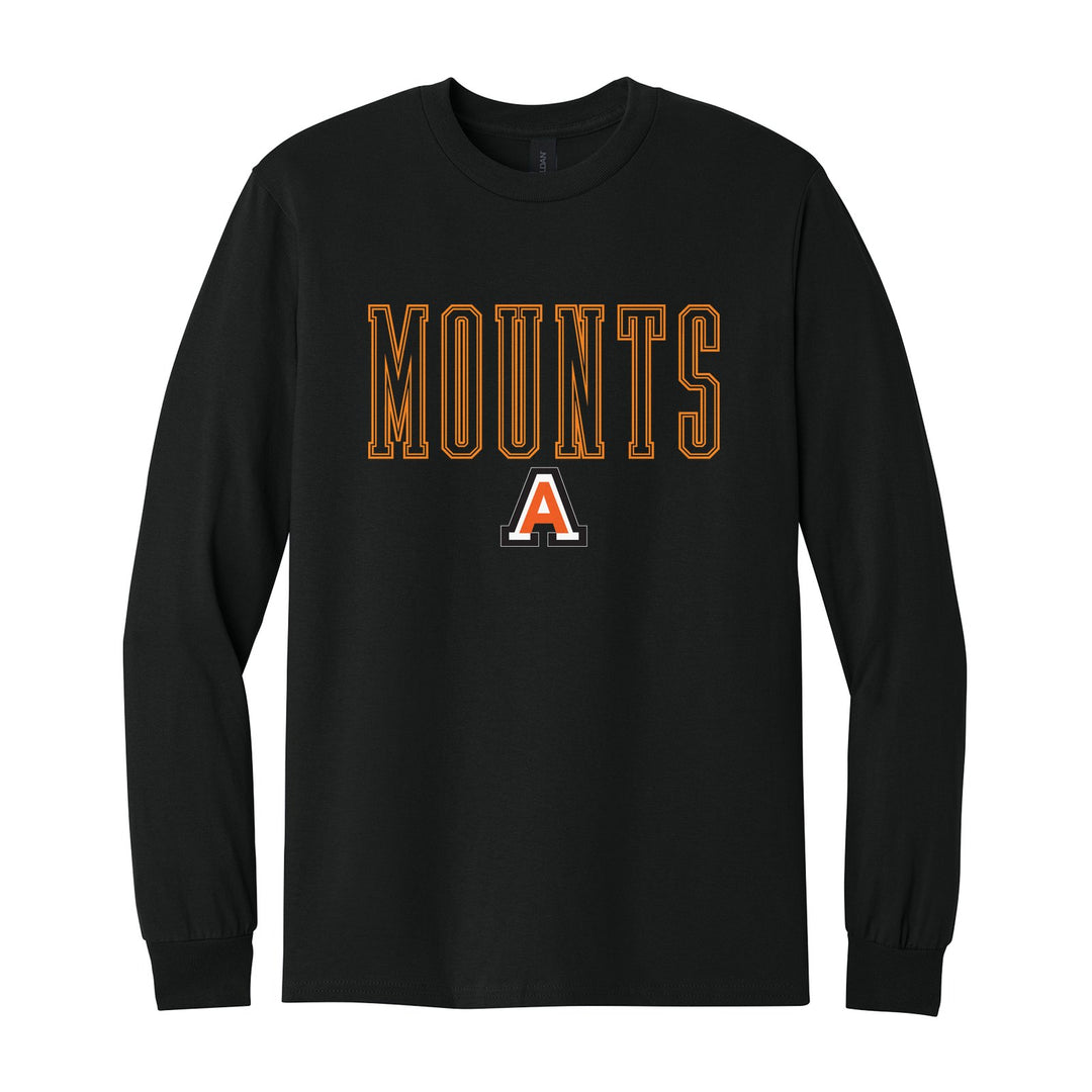Antietam Mountaineers Outline Mounts long sleeve t-shirt in Black: outlined MOUNTS lettering over the Antietam A