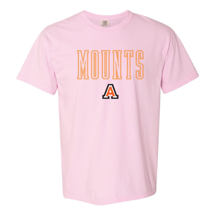 Antietam Mountaineers Outline Mounts comfort colors t-shirt in Blossom: outlined MOUNTS lettering over the Antietam A