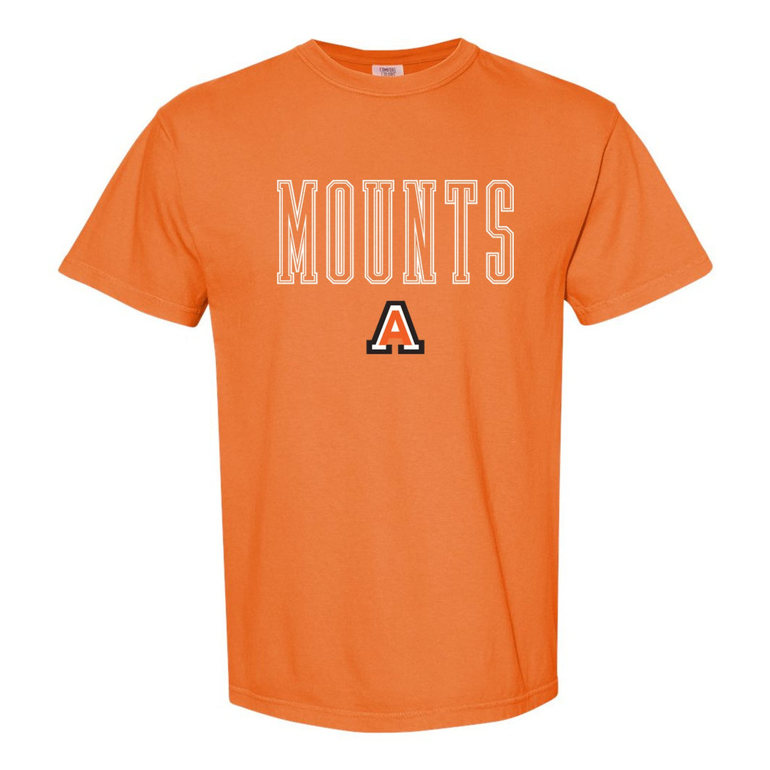 Antietam Mountaineers Outline Mounts comfort colors t-shirt in Burnt Orange: outlined MOUNTS lettering over the Antietam A