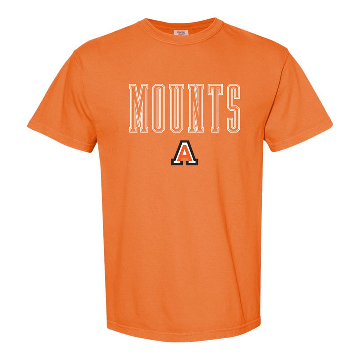 Antietam Mountaineers Outline Mounts comfort colors t-shirt in Burnt Orange: outlined MOUNTS lettering over the Antietam A