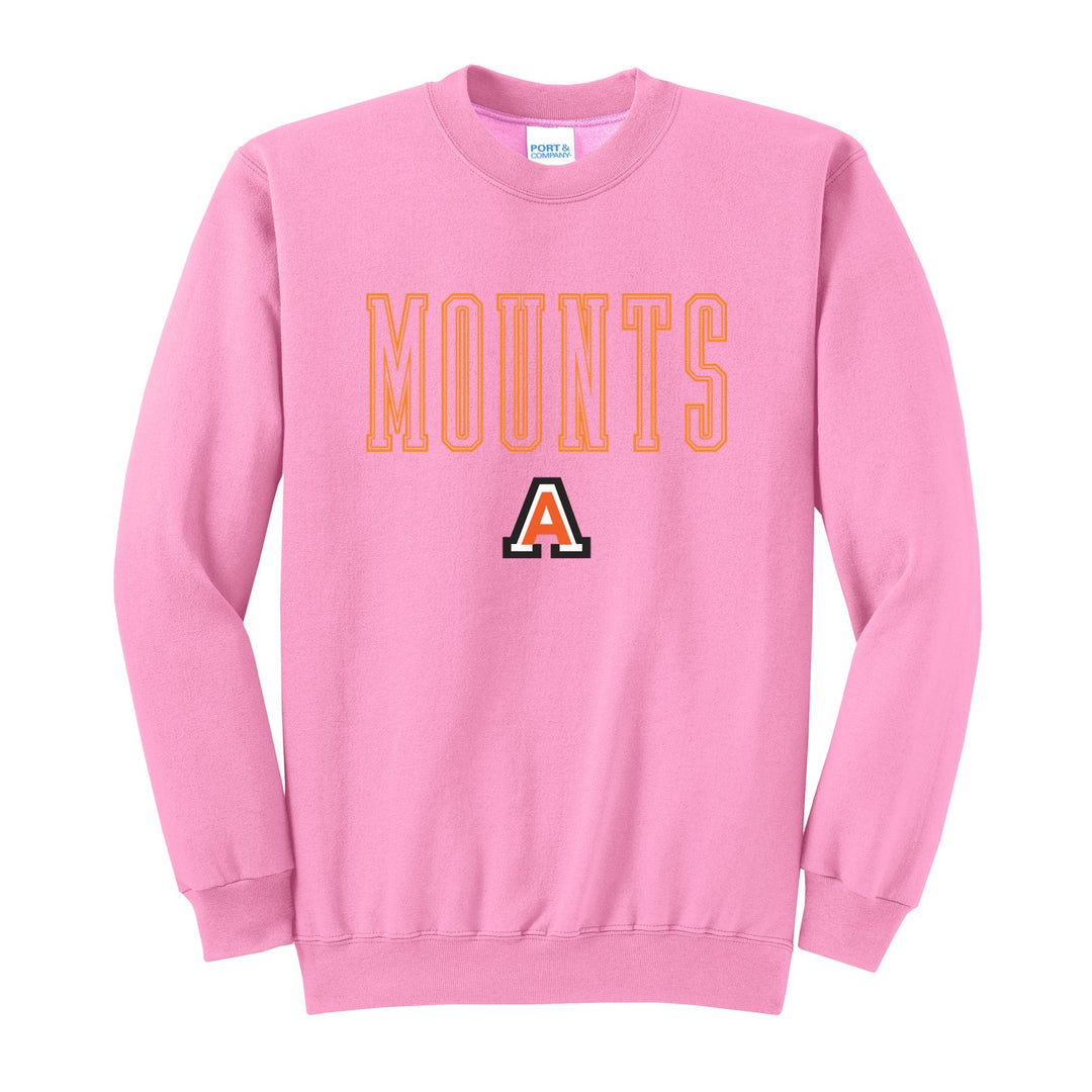 Antietam Mountaineers Outline Mounts crewneck sweatshirt in Candy Pink: outlined MOUNTS lettering over the Antietam A