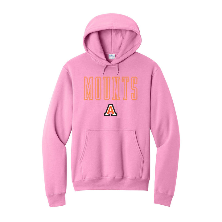 Antietam Mountaineers Outline Mounts hoodie in Candy Pink: outlined MOUNTS lettering over the Antietam A