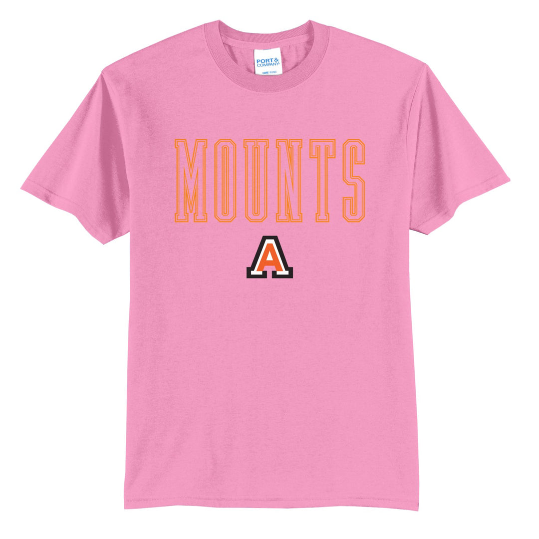 Antietam Mountaineers Outline Mounts t-shirt in Candy Pink: outlined MOUNTS lettering over the Antietam A