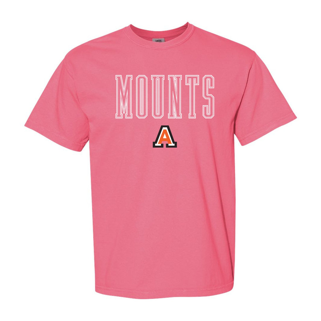 Antietam Mountaineers Outline Mounts comfort colors t-shirt in Crunchberry: outlined MOUNTS lettering over the Antietam A