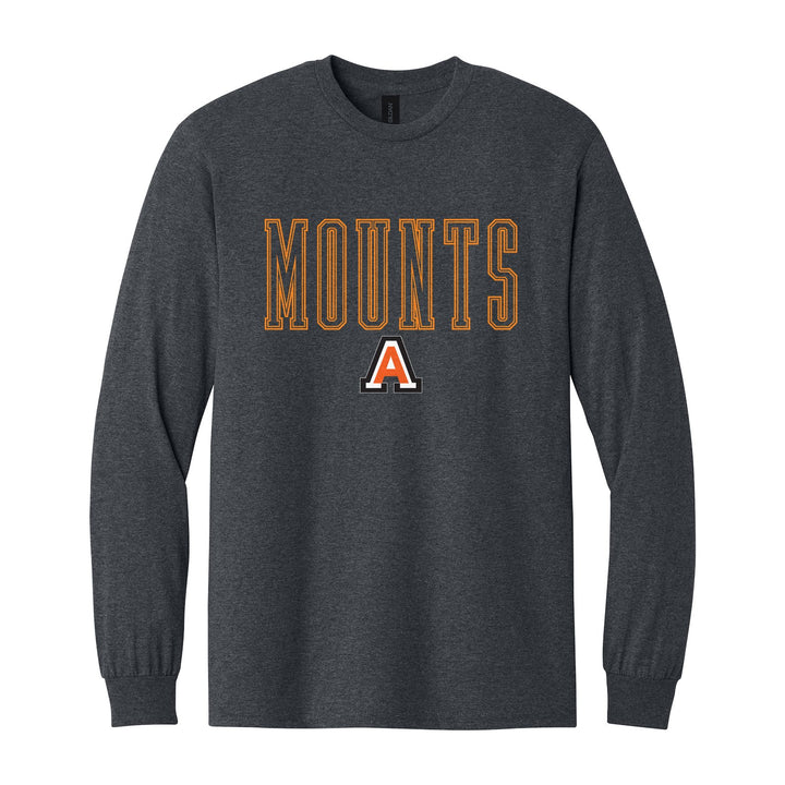Antietam Mountaineers Outline Mounts long sleeve t-shirt in Dark Heather: outlined MOUNTS lettering over the Antietam A