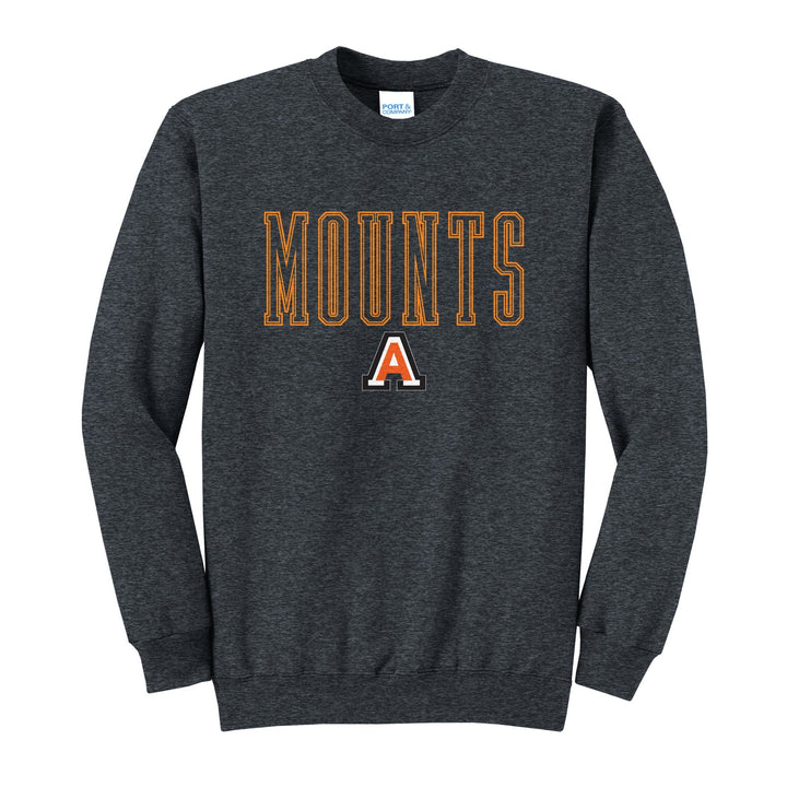 Antietam Mountaineers Outline Mounts crewneck sweatshirt in Dark Heather Grey: outlined MOUNTS lettering over the Antietam A