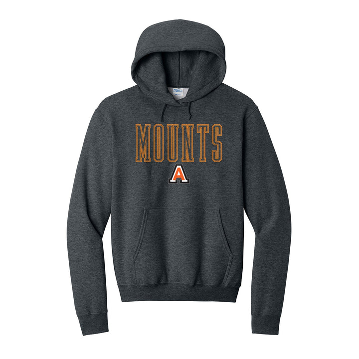 Antietam Mountaineers Outline Mounts hoodie in Dark Heather Grey: outlined MOUNTS lettering over the Antietam A