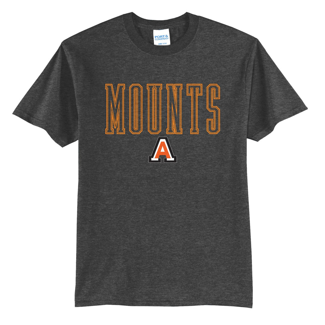 Antietam Mountaineers Outline Mounts t-shirt in Dark Heather Grey: outlined MOUNTS lettering over the Antietam A