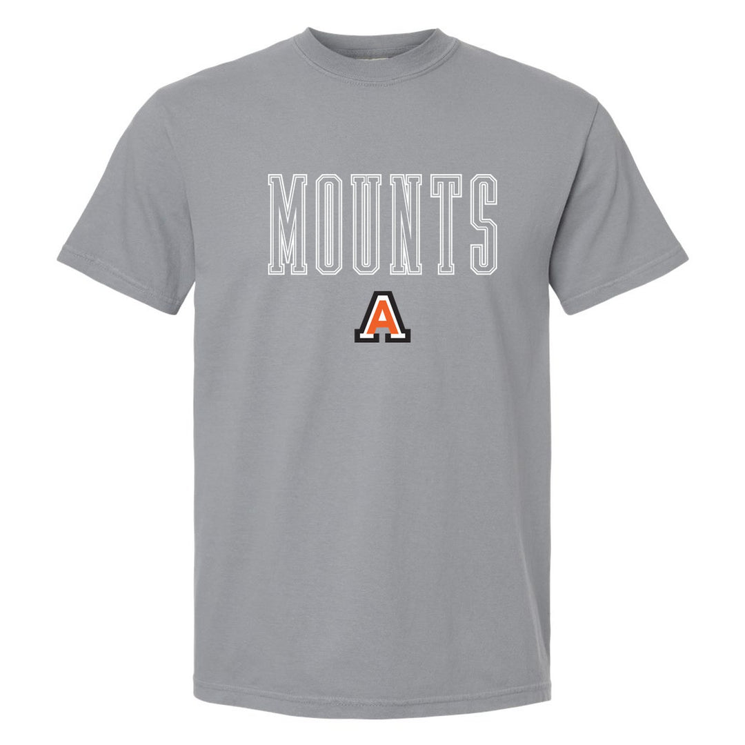 Antietam Mountaineers Outline Mounts comfort colors t-shirt in Granite: outlined MOUNTS lettering over the Antietam A