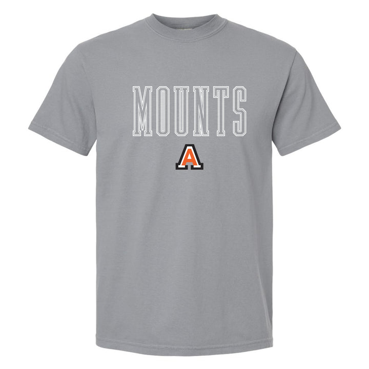 Antietam Mountaineers Outline Mounts comfort colors t-shirt in Granite: outlined MOUNTS lettering over the Antietam A