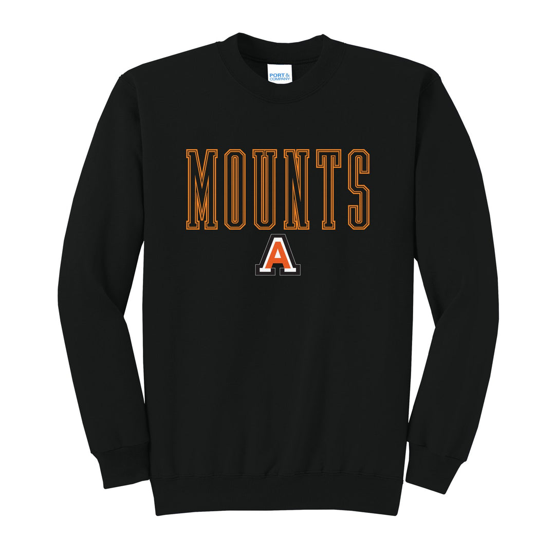 Antietam Mountaineers Outline Mounts crewneck sweatshirt in Jet Black: outlined MOUNTS lettering over the Antietam A