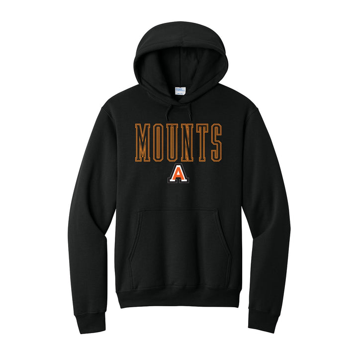 Antietam Mountaineers Outline Mounts hoodie in Jet Black: outlined MOUNTS lettering over the Antietam A