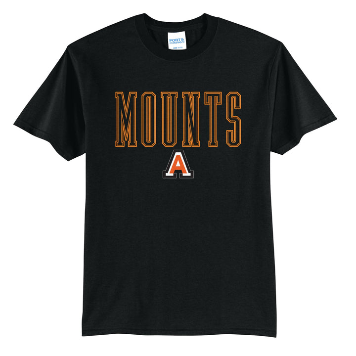 Antietam Mountaineers Outline Mounts t-shirt in Jet Black: outlined MOUNTS lettering over the Antietam A