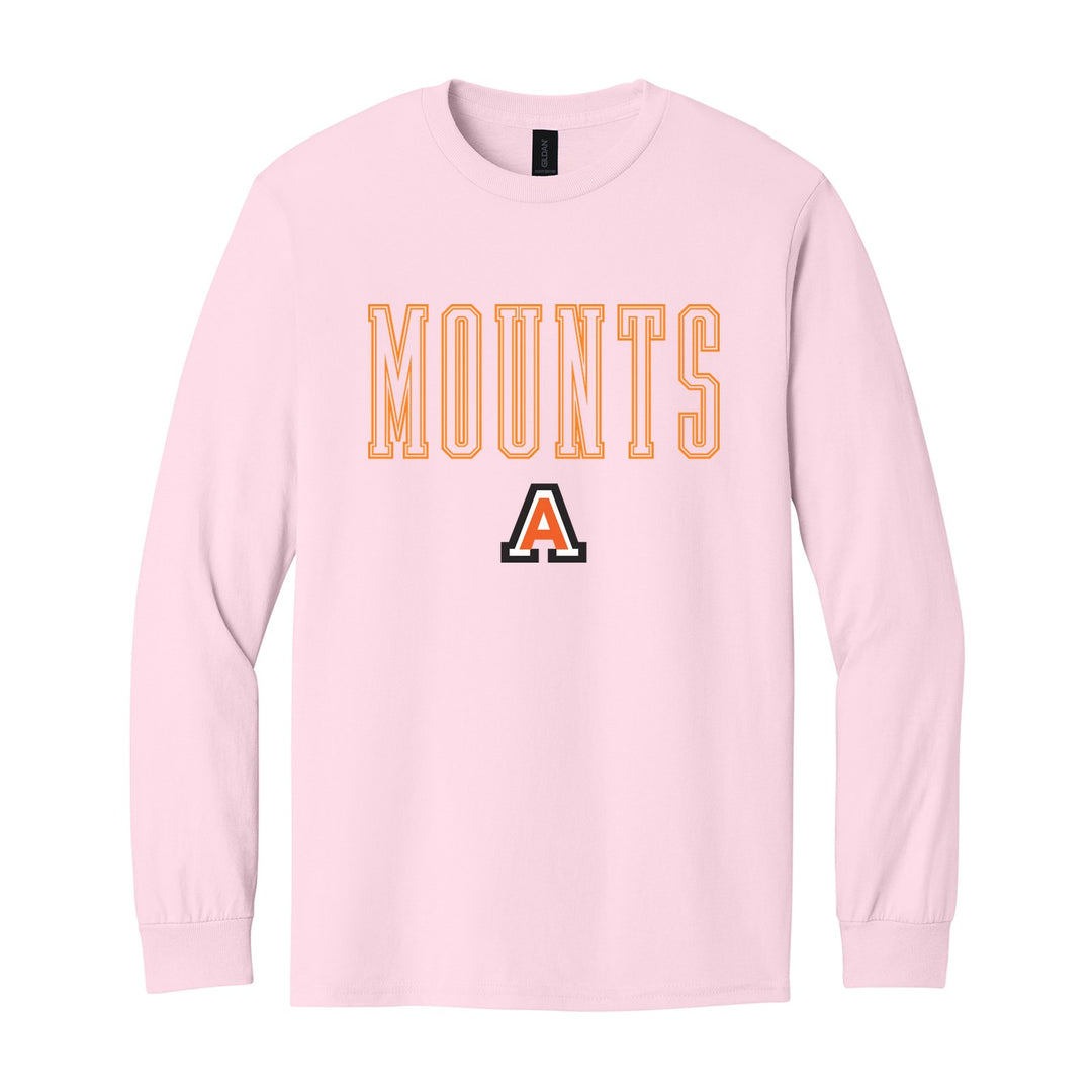 Antietam Mountaineers Outline Mounts long sleeve t-shirt in Light Pink: outlined MOUNTS lettering over the Antietam A