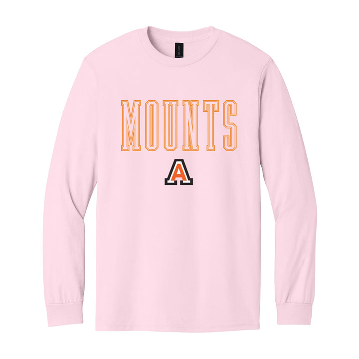 Antietam Mountaineers Outline Mounts long sleeve t-shirt in Light Pink: outlined MOUNTS lettering over the Antietam A