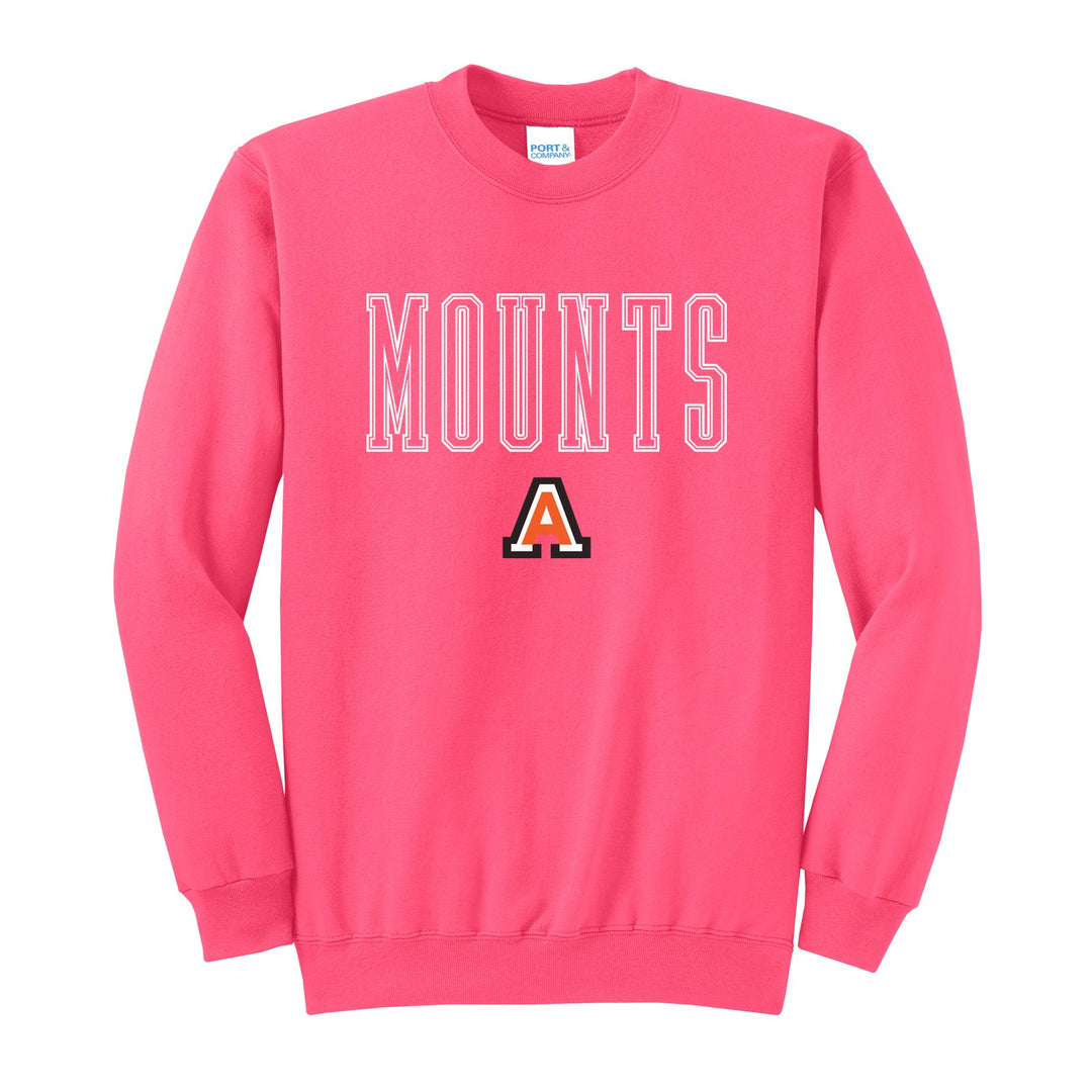 Antietam Mountaineers Outline Mounts crewneck sweatshirt in Neon Pink: outlined MOUNTS lettering over the Antietam A