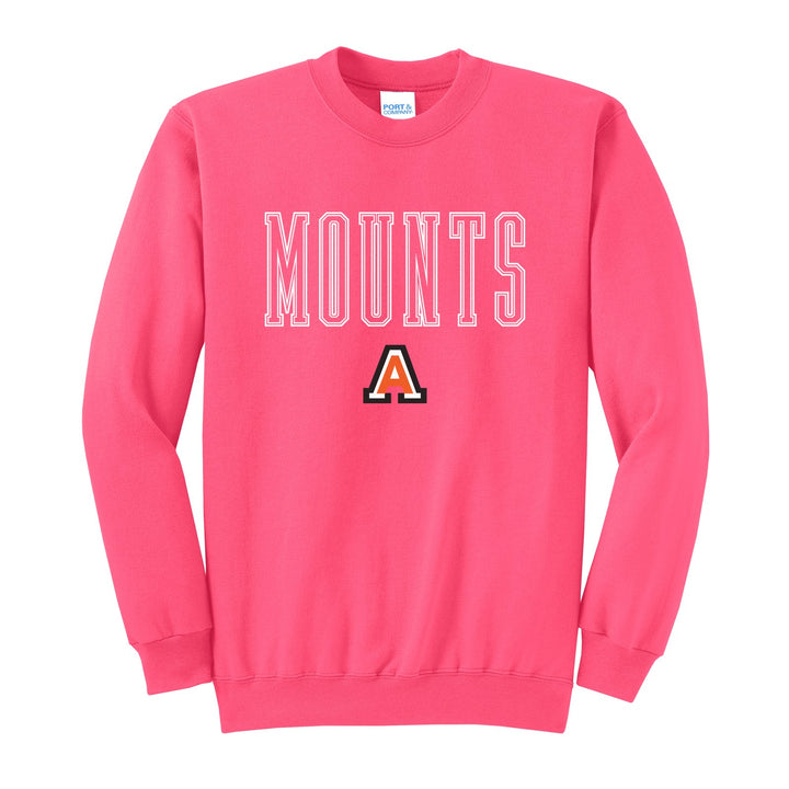 Antietam Mountaineers Outline Mounts crewneck sweatshirt in Neon Pink: outlined MOUNTS lettering over the Antietam A