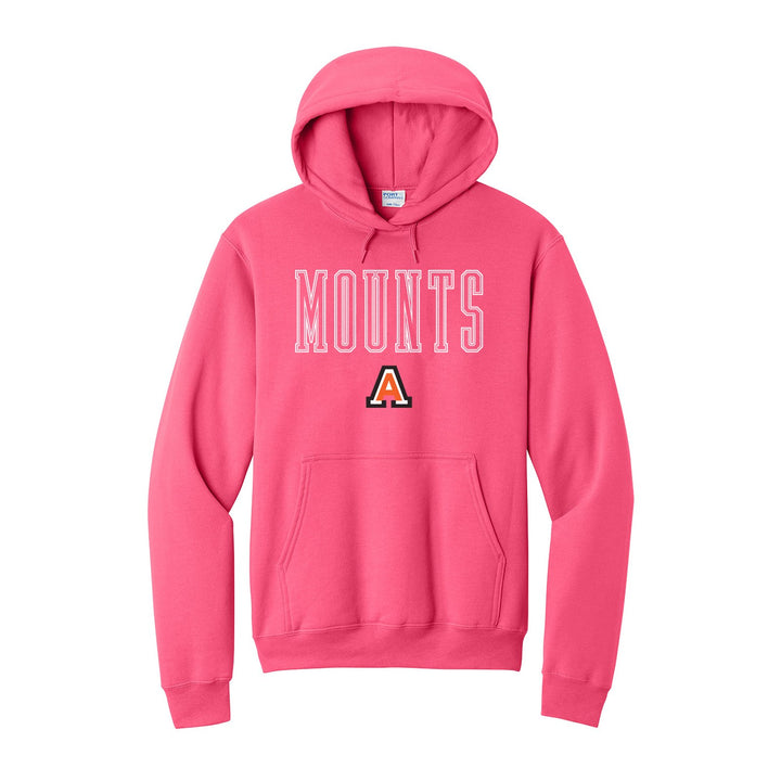 Antietam Mountaineers Outline Mounts hoodie in Neon Pink: outlined MOUNTS lettering over the Antietam A