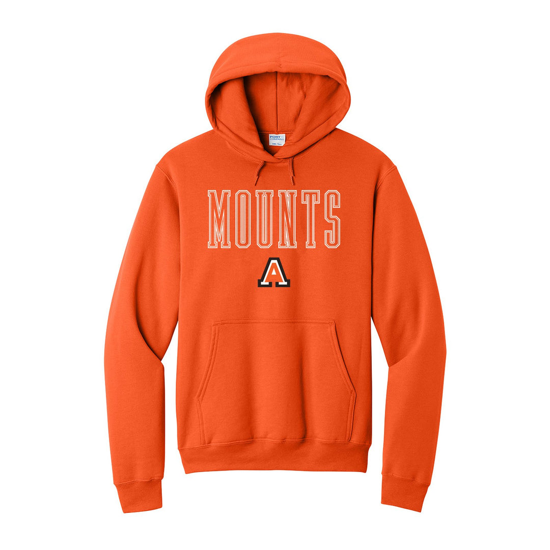 Antietam Mountaineers Outline Mounts hoodie in Orange: outlined MOUNTS lettering over the Antietam A