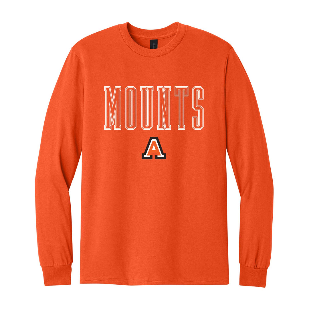 Antietam Mountaineers Outline Mounts long sleeve t-shirt in Orange: outlined MOUNTS lettering over the Antietam A