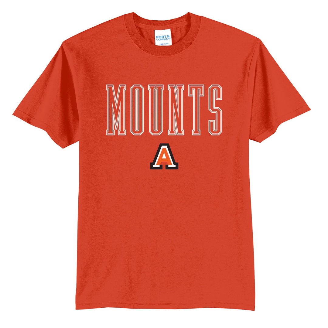 Antietam Mountaineers Outline Mounts t-shirt in Orange: outlined MOUNTS lettering over the Antietam A