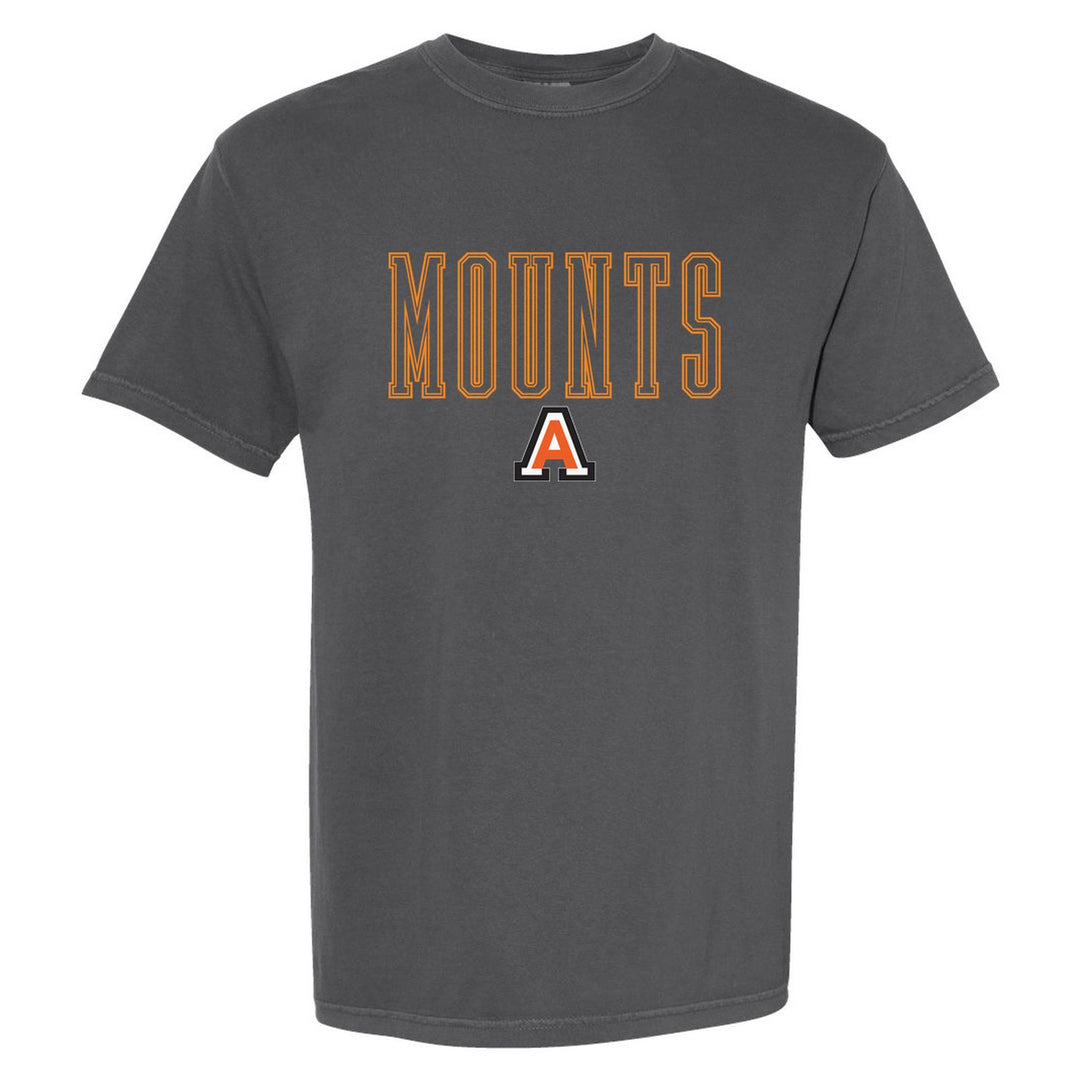 Antietam Mountaineers Outline Mounts comfort colors t-shirt in Pepper: outlined MOUNTS lettering over the Antietam A