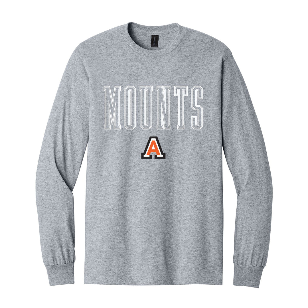 Antietam Mountaineers Outline Mounts long sleeve t-shirt in Sport Grey: outlined MOUNTS lettering over the Antietam A