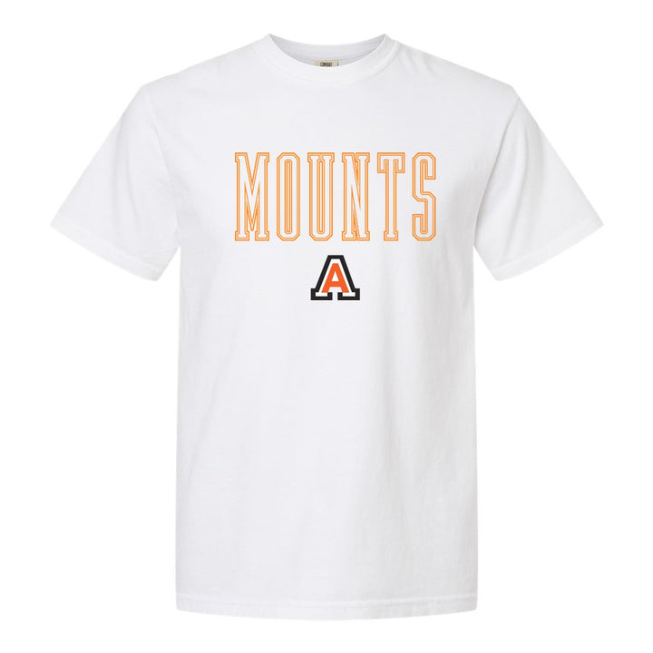 Antietam Mountaineers Outline Mounts comfort colors t-shirt in White: outlined MOUNTS lettering over the Antietam A