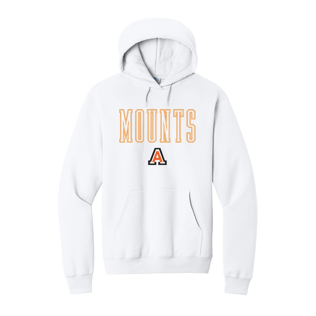 Antietam Mountaineers Outline Mounts hoodie in White: outlined MOUNTS lettering over the Antietam A