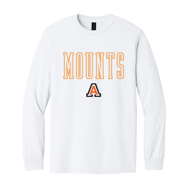 Antietam Mountaineers Outline Mounts long sleeve t-shirt in White: outlined MOUNTS lettering over the Antietam A