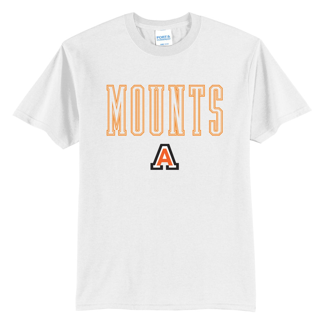 Antietam Mountaineers Outline Mounts t-shirt in White: outlined MOUNTS lettering over the Antietam A