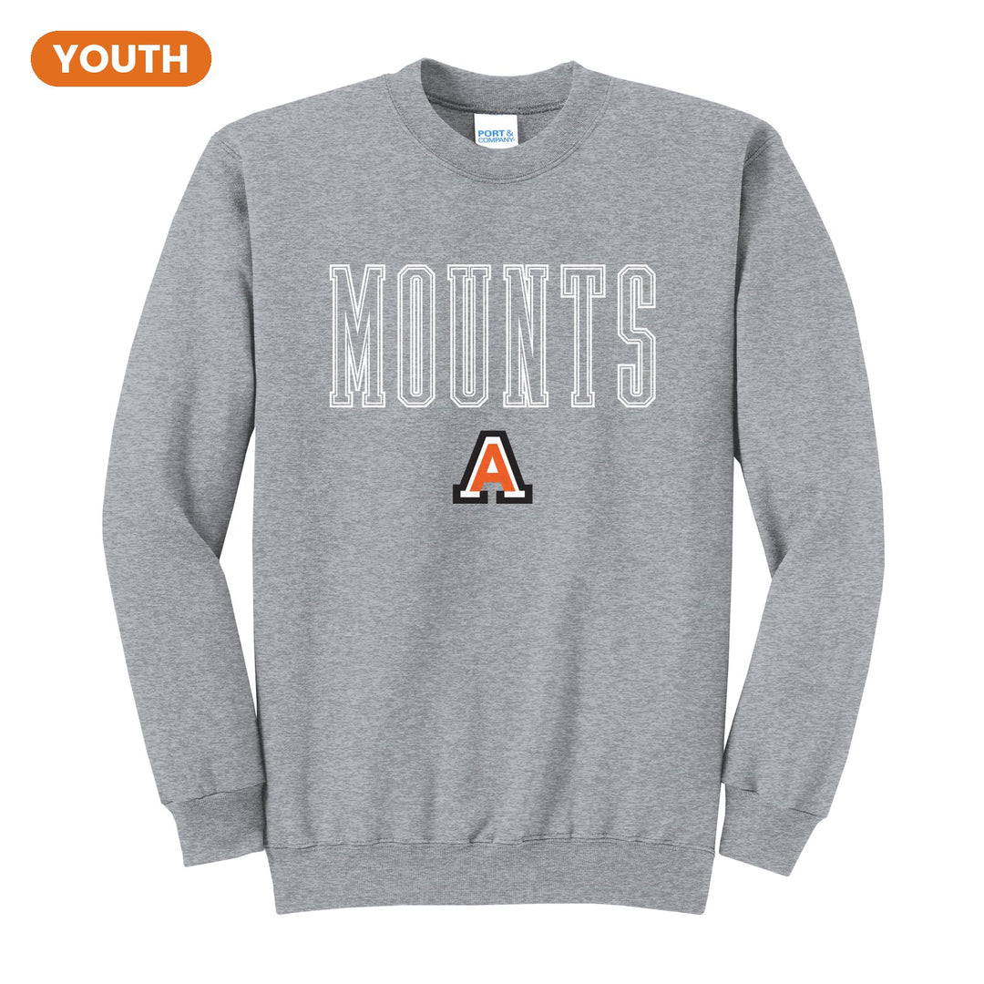 Antietam Mountaineers Outline Mounts youth crewneck sweatshirt in Athletic Heather: outlined MOUNTS lettering over the Antietam A