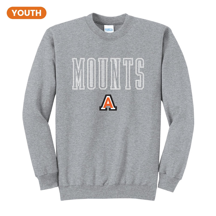 Antietam Mountaineers Outline Mounts youth crewneck sweatshirt in Athletic Heather: outlined MOUNTS lettering over the Antietam A