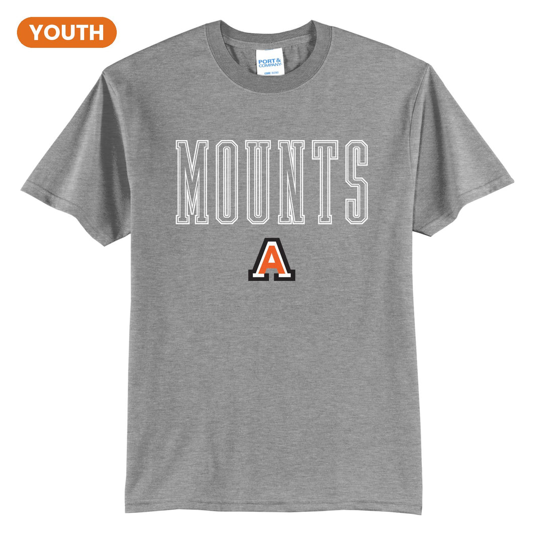 Antietam Mountaineers Outline Mounts youth t-shirt in Athletic Heather: outlined MOUNTS lettering over the Antietam A