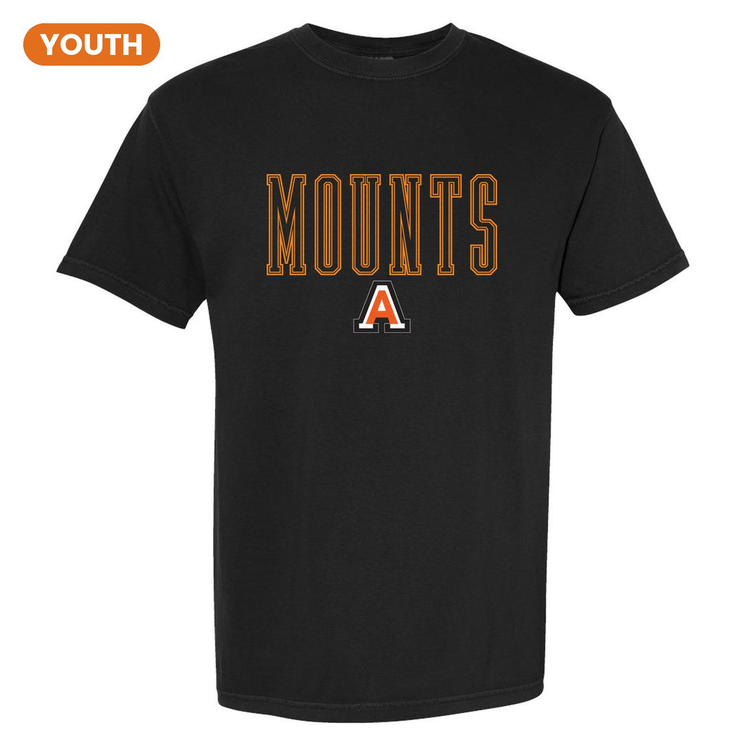 Antietam Mountaineers Outline Mounts youth comfort colors t-shirt in Black: outlined MOUNTS lettering over the Antietam A