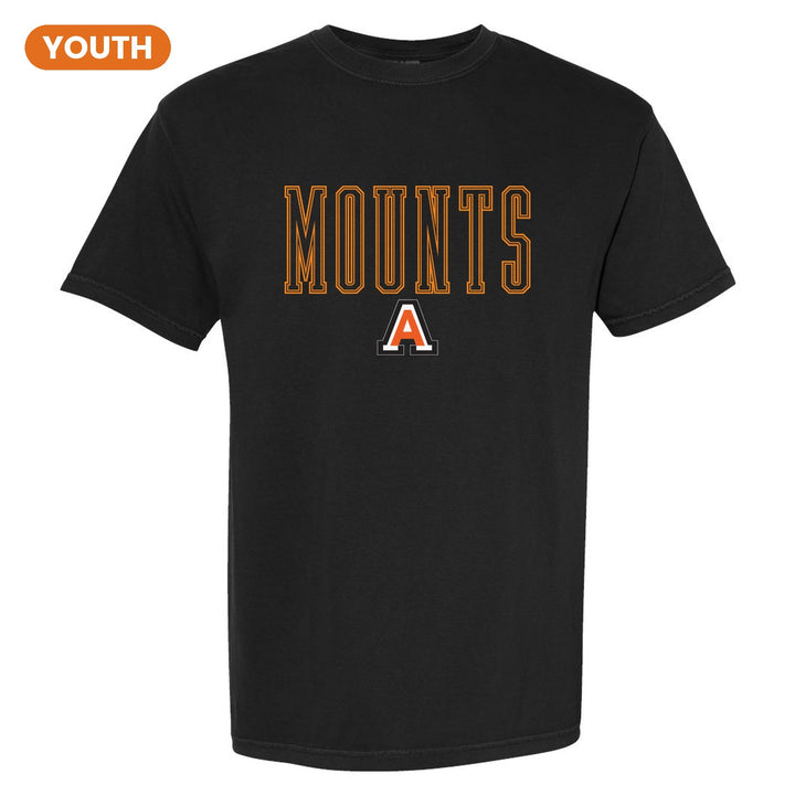 Antietam Mountaineers Outline Mounts youth comfort colors t-shirt in Black: outlined MOUNTS lettering over the Antietam A