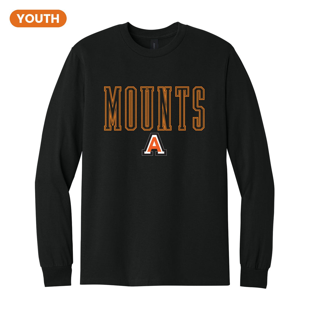 Antietam Mountaineers Outline Mounts youth long sleeve t-shirt in Black: outlined MOUNTS lettering over the Antietam A