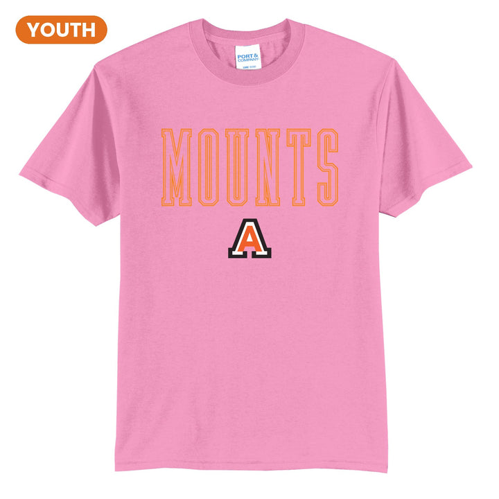 Antietam Mountaineers Outline Mounts youth t-shirt in Candy Pink: outlined MOUNTS lettering over the Antietam A