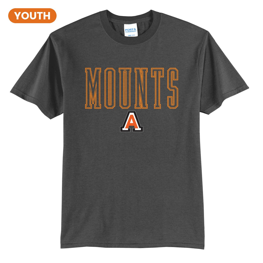 Antietam Mountaineers Outline Mounts youth t-shirt in Charcoal: outlined MOUNTS lettering over the Antietam A