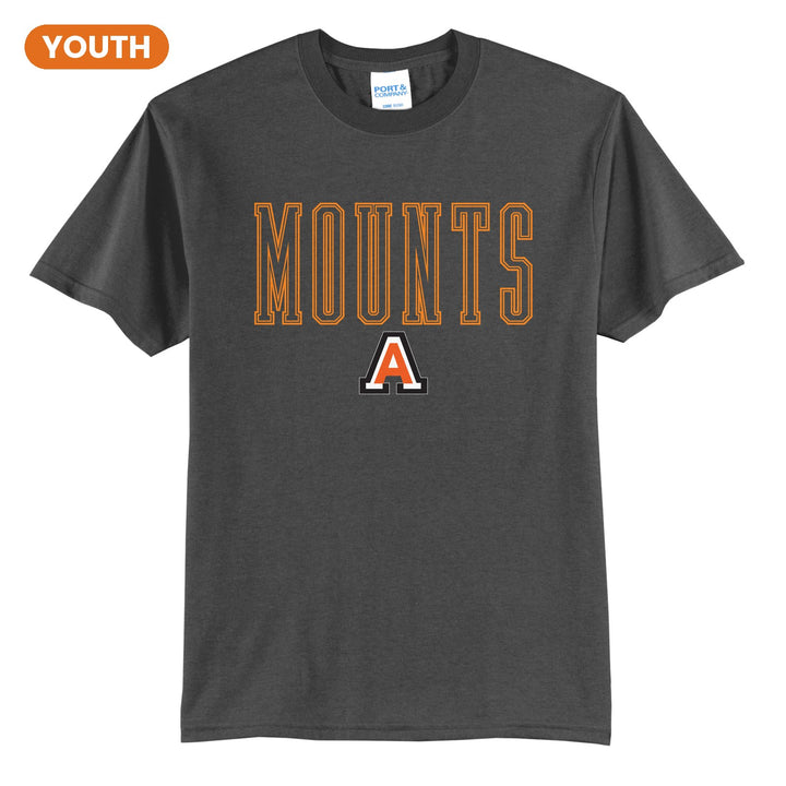 Antietam Mountaineers Outline Mounts youth t-shirt in Charcoal: outlined MOUNTS lettering over the Antietam A