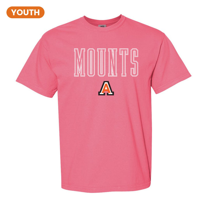 Antietam Mountaineers Outline Mounts youth comfort colors t-shirt in Crunchberry: outlined MOUNTS lettering over the Antietam A