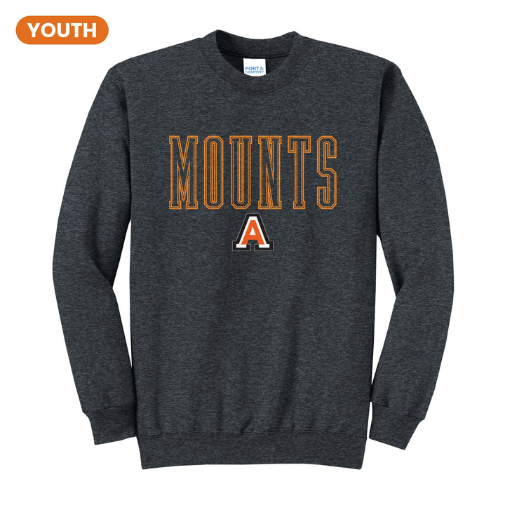 Antietam Mountaineers Outline Mounts youth crewneck sweatshirt in Dark Heather Grey: outlined MOUNTS lettering over the Antietam A