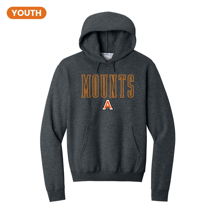 Antietam Mountaineers Outline Mounts youth hoodie in Dark Heather Grey: outlined MOUNTS lettering over the Antietam A