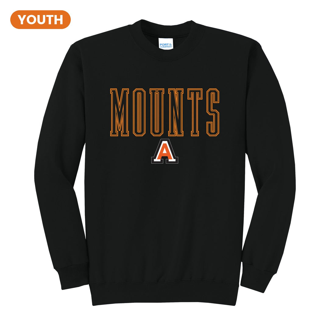 Antietam Mountaineers Outline Mounts youth crewneck sweatshirt in Jet Black: outlined MOUNTS lettering over the Antietam A