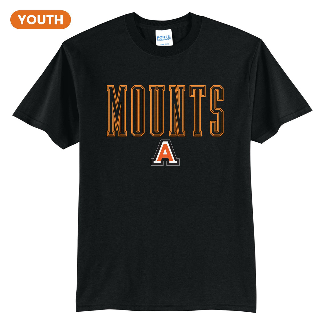 Antietam Mountaineers Outline Mounts youth t-shirt in Jet Black: outlined MOUNTS lettering over the Antietam A