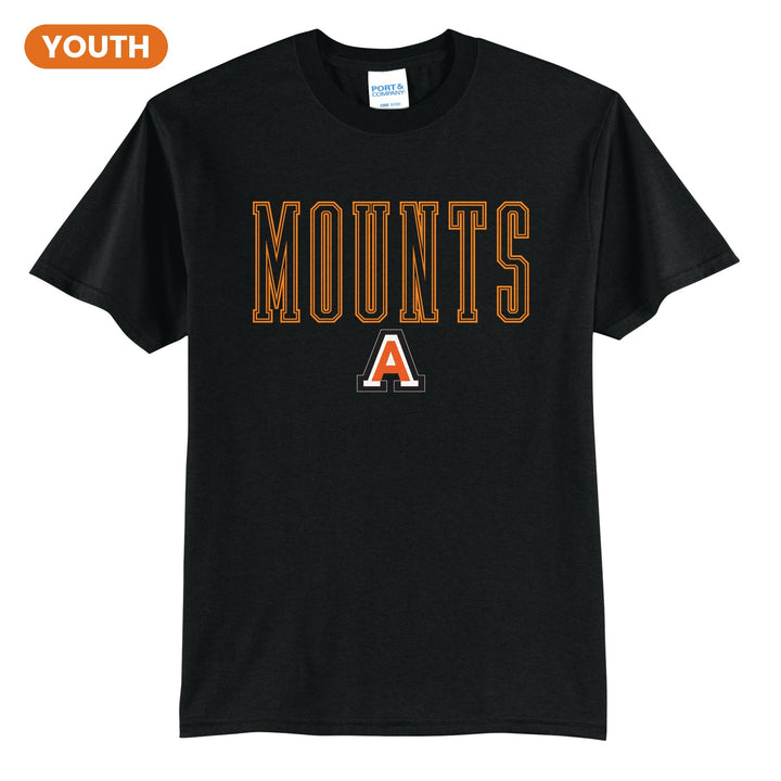 Antietam Mountaineers Outline Mounts youth t-shirt in Jet Black: outlined MOUNTS lettering over the Antietam A
