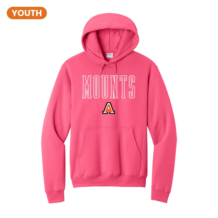 Antietam Mountaineers Outline Mounts youth hoodie in Neon Pink: outlined MOUNTS lettering over the Antietam A