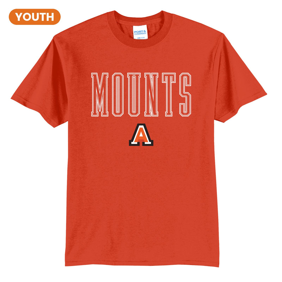 Antietam Mountaineers Outline Mounts youth t-shirt in Orange: outlined MOUNTS lettering over the Antietam A